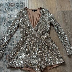 Dynamite Sequin Long Sleeve deep V Romper Rose Gold